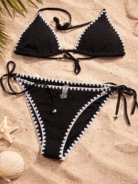 bebe Black and White Crochet Bikini Set